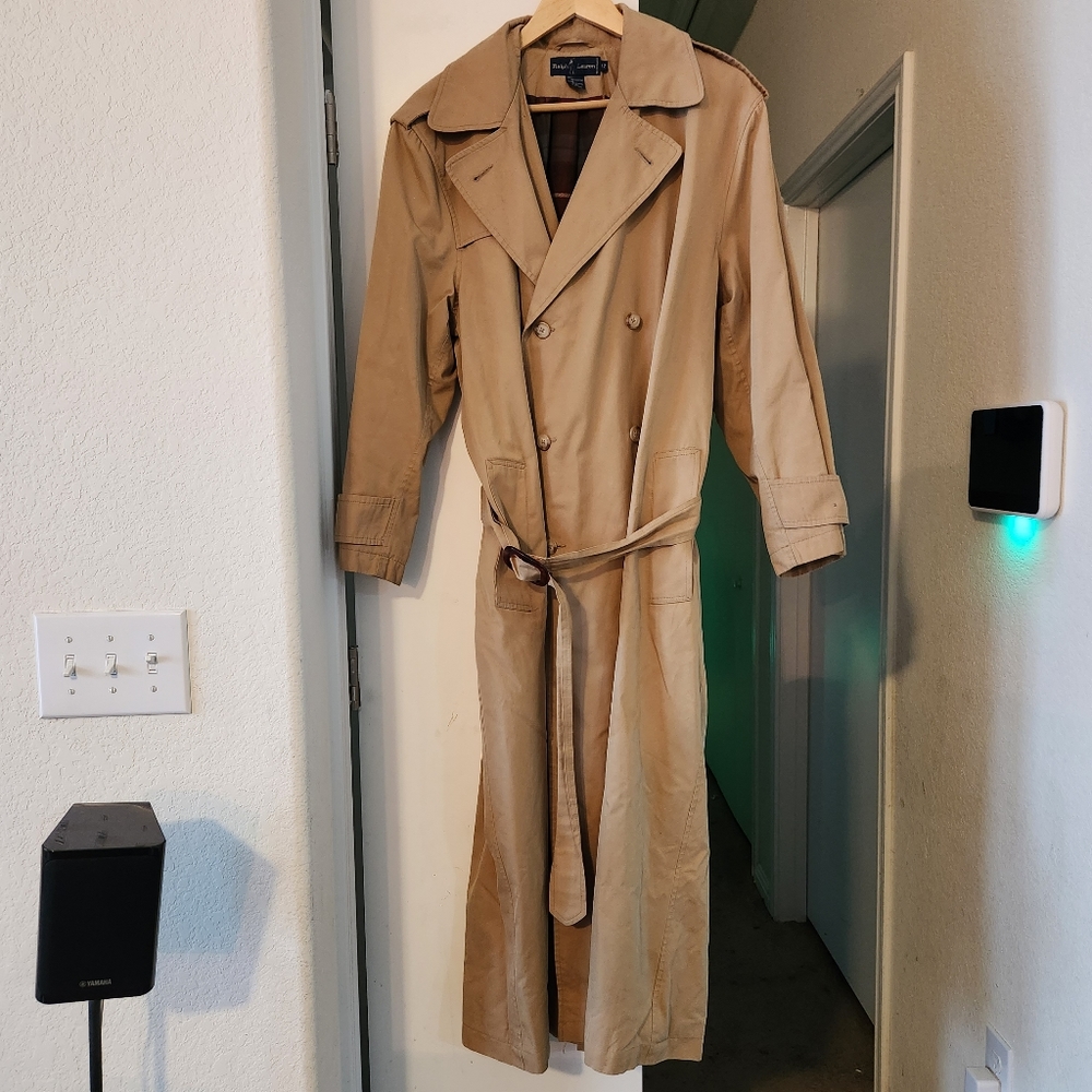 Polo Ralph Lauren Vintage Unisex 12 Trench Coat Double Breasted Khaki Wool Line